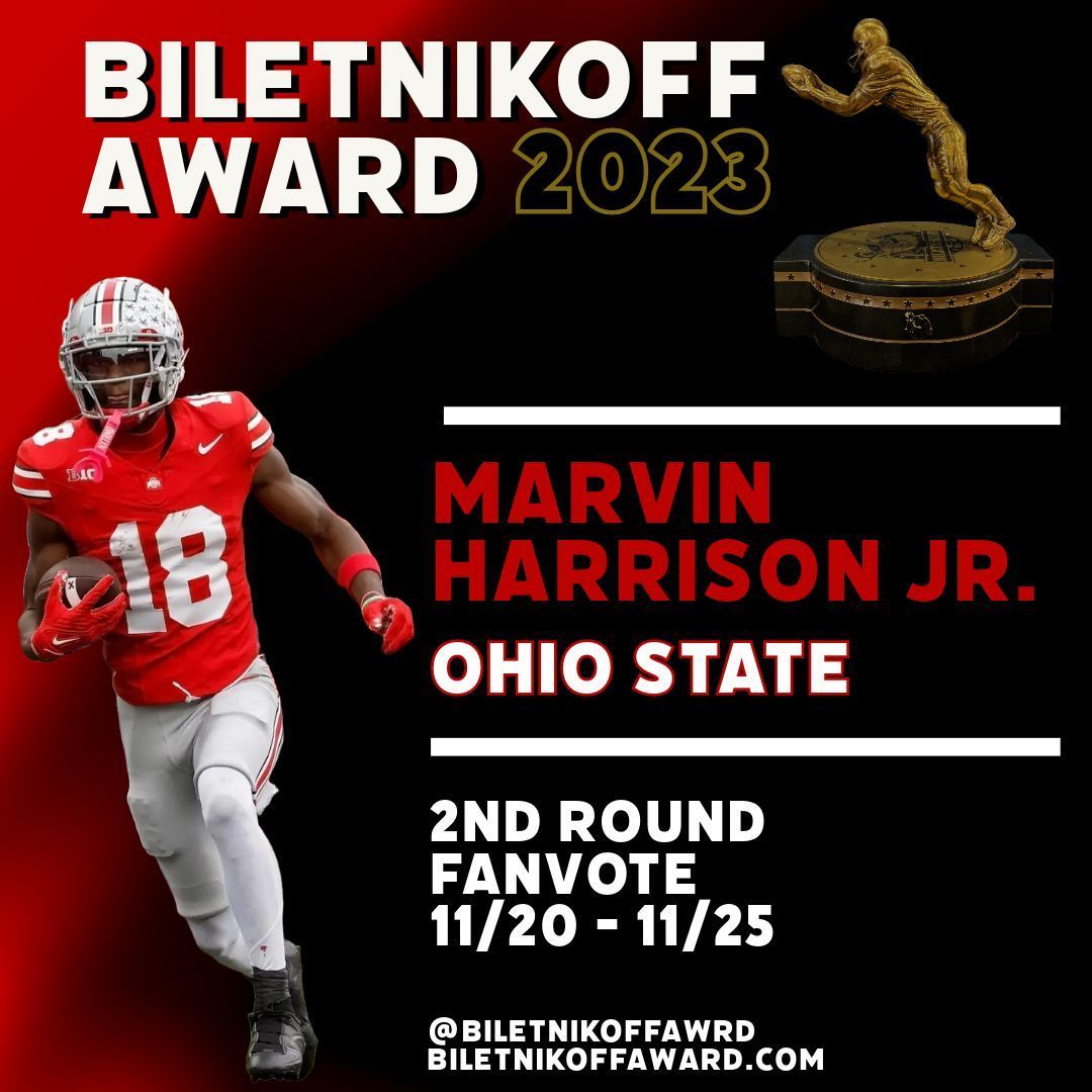 Fans can vote for Marvin on FanVote! Biletnikoffaward.com/fan-vote. The top 3 vote-getters will each earn 1 official committee vote to determine the Biletnikoff Award finalists. #OutstandingReceiver #NCFAA