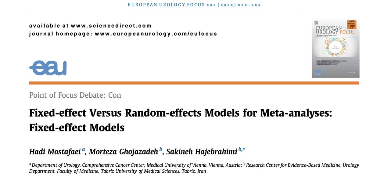 6⃣-7⃣ Point of focus debate on fixed-effect vs random-effects models for meta-analysis

Pro random: eu-focus.europeanurology.com/article/S2405-…

Pro fixed: eu-focus.europeanurology.com/article/S2405-…

#EBM

9/14