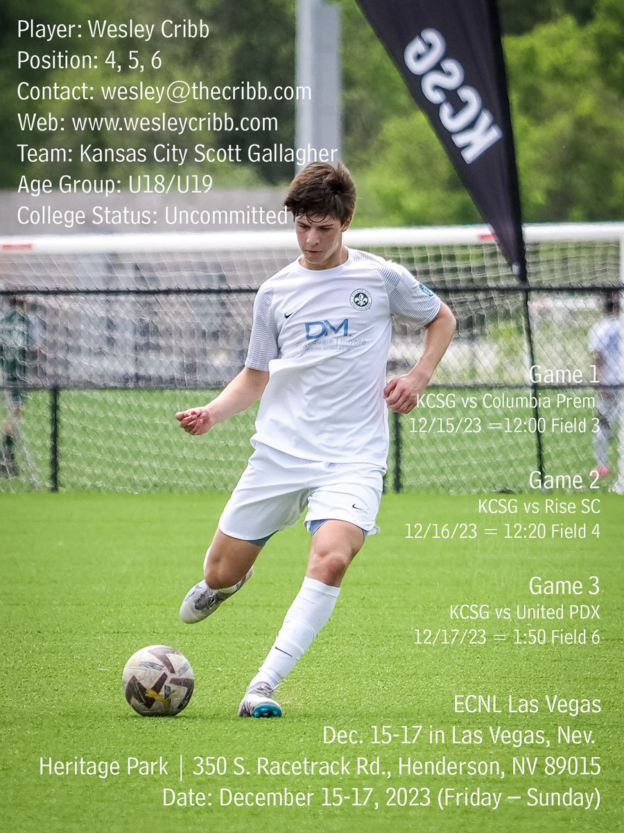 Club season is back and I will be in Las Vegas for ECNL Vegas event. Come out and view my games! ✌️
😃Wesley Cribb
⚽️Center back and 6 
📚4.2 weighted GPA 
📱wesleycribb.com
📱x.com/wescribb22 
📱youtube.com/@WesleyCribb 
#uncommitted