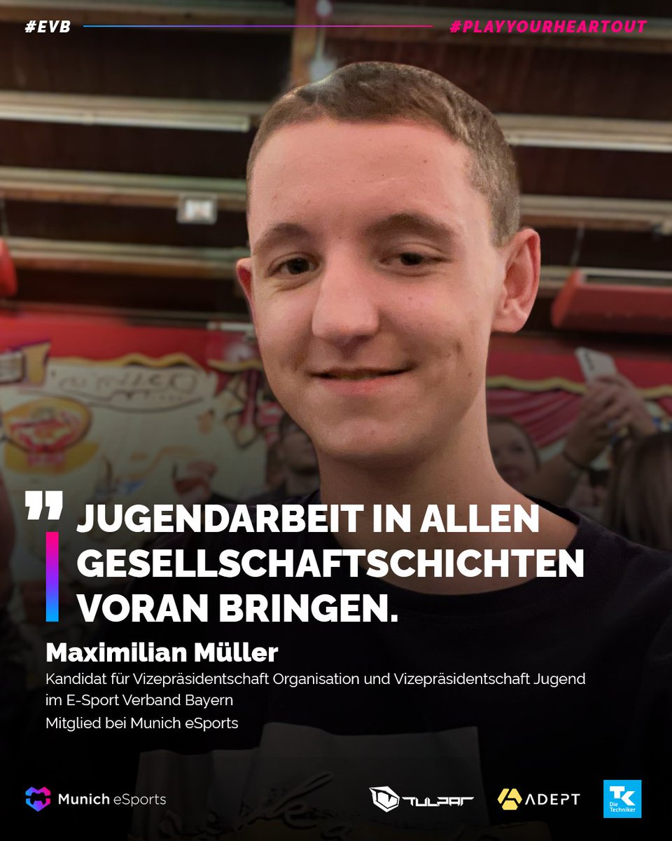 🤗Dürfen wir vorstellen:

Unsere Kandidat*innen, die für einen Posten im <a href="/esportbayern/">E-Sport Verband Bayern</a>-Präsidium ins Rennen gehen:

<a href="/babyvxrgo/">Sandra ✨</a> für Präsidentin &amp; Vizepräsidentin Organisation
<a href="/flovkeller/">Florian v. Keller 🇺🇦</a> für Vizepräsident
<a href="/Starbulle1928/">Maximilian Müller</a> für Vizepräsident Organisation &amp; Vizepräsident Jugend