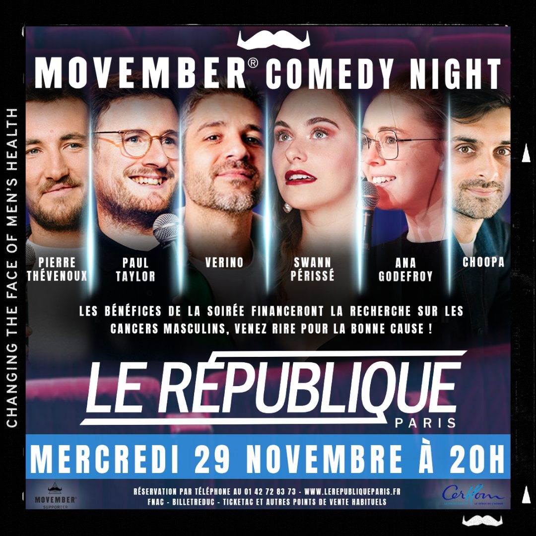 Notre ambassadeur et Mo Bro, Choopa, organise une soirée comedy. Venez pour vous amuser et faire du bien !

Mercredi 29 Novembre à 20h au théâtre Le Republique, Paris. 

Les places pour le spectacle sont disponibles ici: lerepubliqueparis.fr/programmation/…