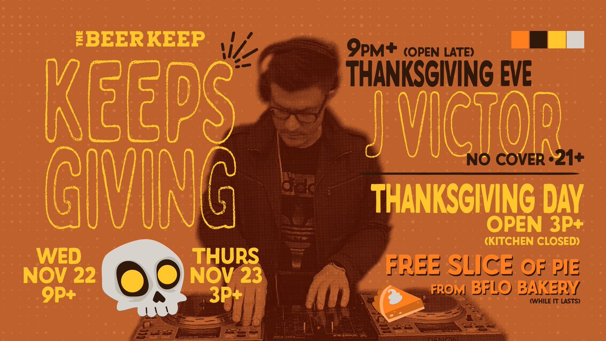 Let’s boogie, turkeys. J Victor is hitting the decks at 9pm this Wednesday for a Thanksgiving eve party with all the trimmings. We’ll be partying hard—and late. AND We’ll be open bright &amp; early at 3pm on Thanksgiving! 🦃💀