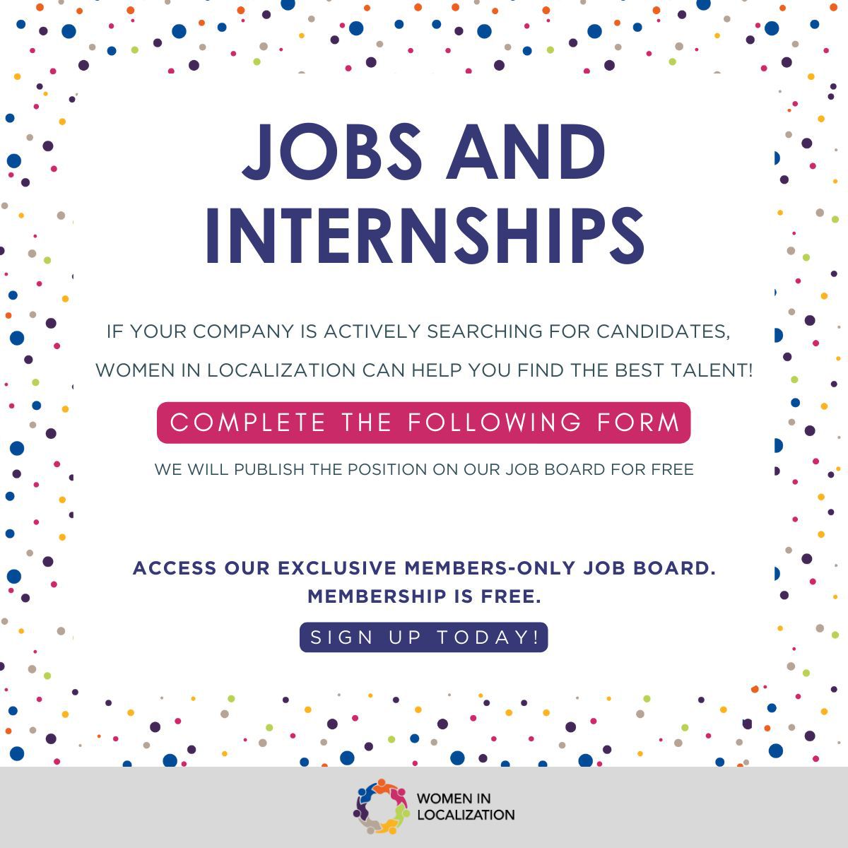 🚀 Elevate Your Recruitment Strategy, unlock the full potential of your recruitment strategy by featuring your job opportunities on our Job Board.

Women in Localization Members have FREE access to the Job Board on the website: womeninlocalization.com/resources/jobs…