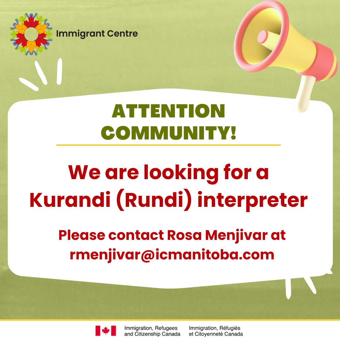 icmanitoba1's tweet image. Attention Burundi community!
The Language Bank is looking for a Kurandi (Rundi) interpreter.
Please get in touch with Rosa Menjivar at rmenjivar@icmanitoba.com
# #BurundiCommunity #InterpretersNeeded #LanguageServices #CommunitySupport