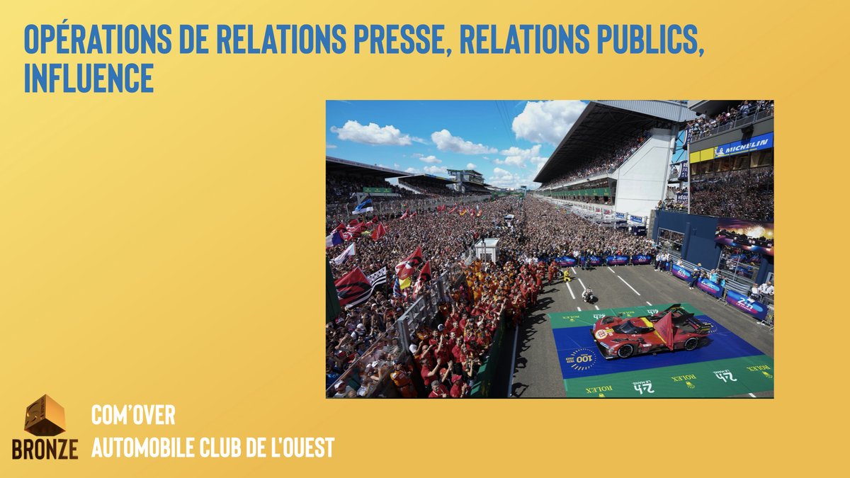 Catégorie opérations de relations presse, relations publics, influence. Un #BRONZE ex-aequo est décerné à <a href="/comoveragency/">Com'Over</a> et l’Automobile Club de l’Ouest pour la stratégie relations media &amp; influence du centenaire des 24h du mans. Félicitations #gpstrat #marketingsportif