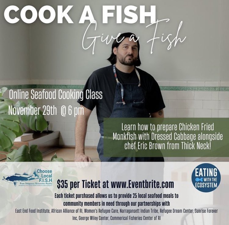 It’s the season of giving- "Cook A Fish, Give A Fish" last class! November 29th online class will be led by Chef Eric. Promo code LASTCLASS for $10 off ticket!
100% of the ticket price goes towards providing local seafood meals to families in need (25 meals per ticket!!)