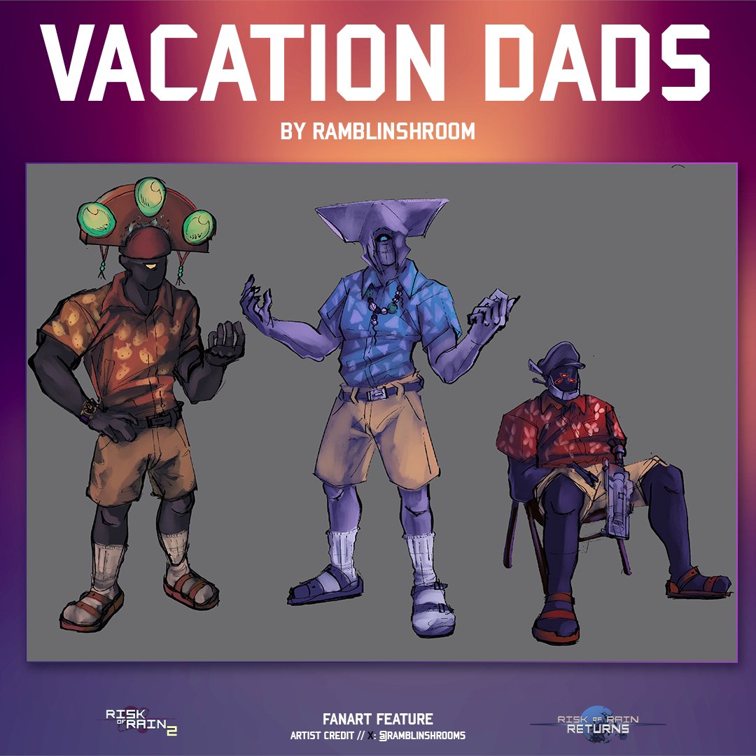 RiskofRain's tweet photo. Just when you think you've seen it all, community member @ramblinshrooms reimagined Mithrix, Providence, and Captain as dads on vacation.

Share your art here, in our Discord, or on Reddit and it could be featured next!     
🔸https://t.co/Wa5y6kieQx   
🔹https://t.co/HhceMCxT3b https://t.co/DP9ZMTK6gf