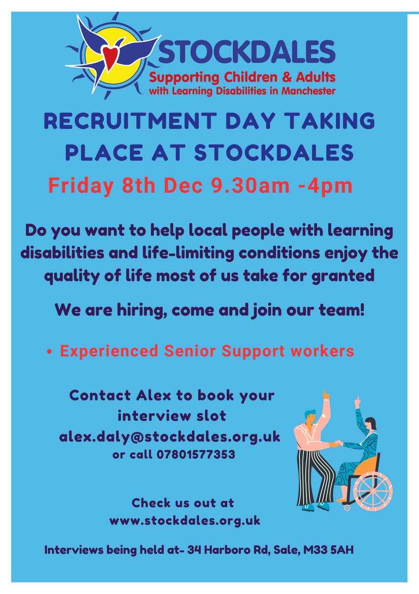 StockdalesMcr's tweet photo. Stockdales are having a recruitment day on Friday 8th December. We are hiring experienced Senior Support Workers to join our team.
#sale #altrincham #timperley #urmston #stretford #chorlton #wythenshawe #seniorsupportworkers #recruitmentday #jobsincare #supportworker #caresector https://t.co/3hGTyHkcpA