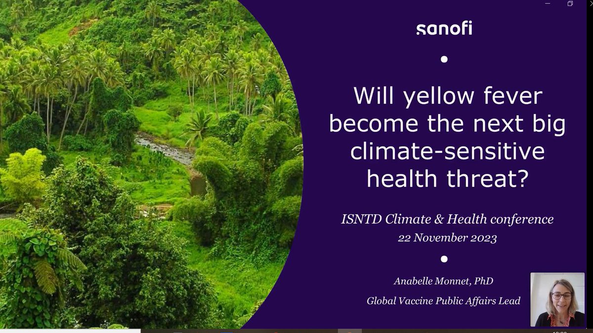 ISNTD_Press's tweet photo. #ISNTDClimate: Anabelle Monnet @sanofi highlights the resurgence of #yellowfever & explosive outbreaks in the last 6 years despite the availability of preventive measures such as a vaccine. #Climate change introduces #mosquitoes to new temperate areas or with low immunity to YF https://t.co/0420K1HCc2