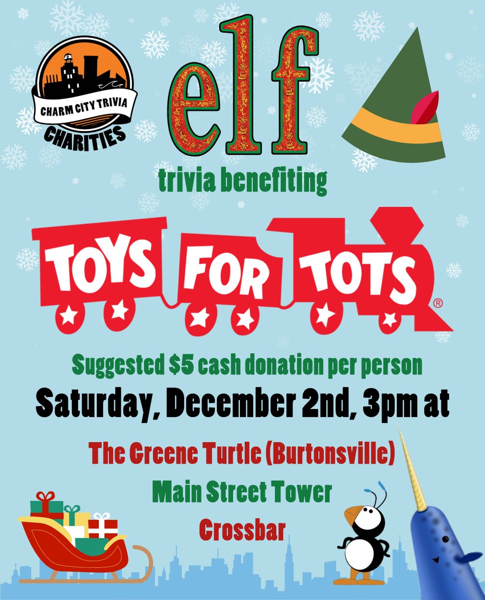 CharmCityEntmt's tweet photo. ☃️ Don't be a cotton-headed ninny muggins! Join us for Elf trivia on Saturday 12/2 at 3pm, benefiting Toys for Tots! 🐧
Comment below: Who's your favorite Elf character?
#CharityTrivia #ThemedTrivia #Charity #CharmCityTrivia #WillFerrell #BuddyTheElf #CultClassics #Maryland https://t.co/EE6huw0hw7
