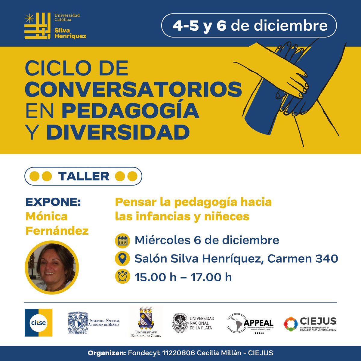 CitseUcsh's tweet photo. 📢Evento @CitseUcsh este 4, 5 y 6 de diciembre en la @ucsh_oficial. A raíz del Fondecyt de la investigadora Dra. Cecilia Millán, se realizará un «Ciclo de Conversatorios en Pedagogía y Diversidad», que consta de un seminario y dos talleres.
Inscripciones > https://t.co/wg1Hlgssjn https://t.co/msoy9IwIbQ