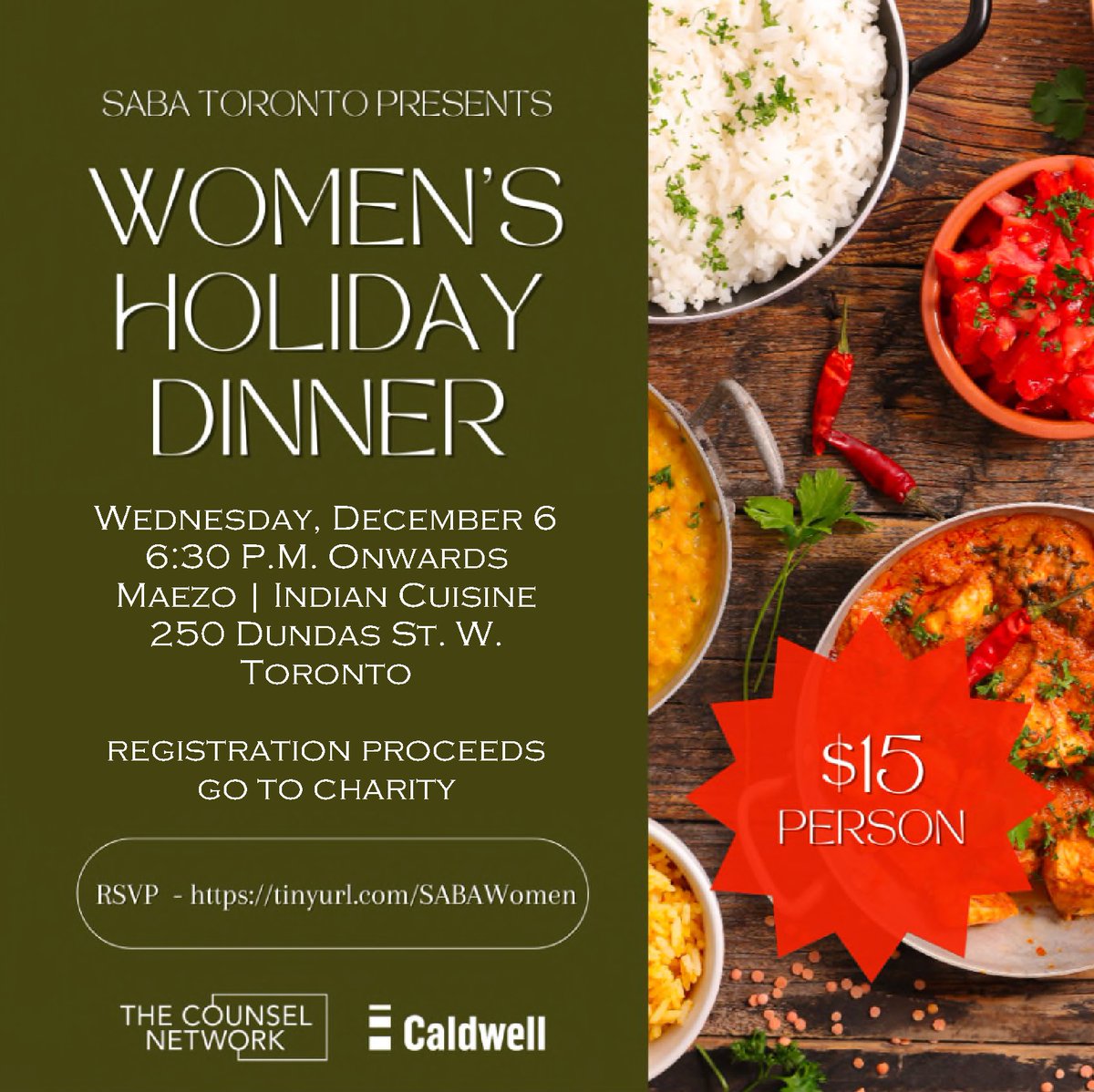 SABA Toronto's Women’s Committee invites all women, transgender, non-binary and gender-diverse individuals to attend our annual year-end celebration on Dec 6. All registration proceeds go to Charity. Join us for an exciting evening! Registration ($15) at tinyurl.com/SABAWomen.