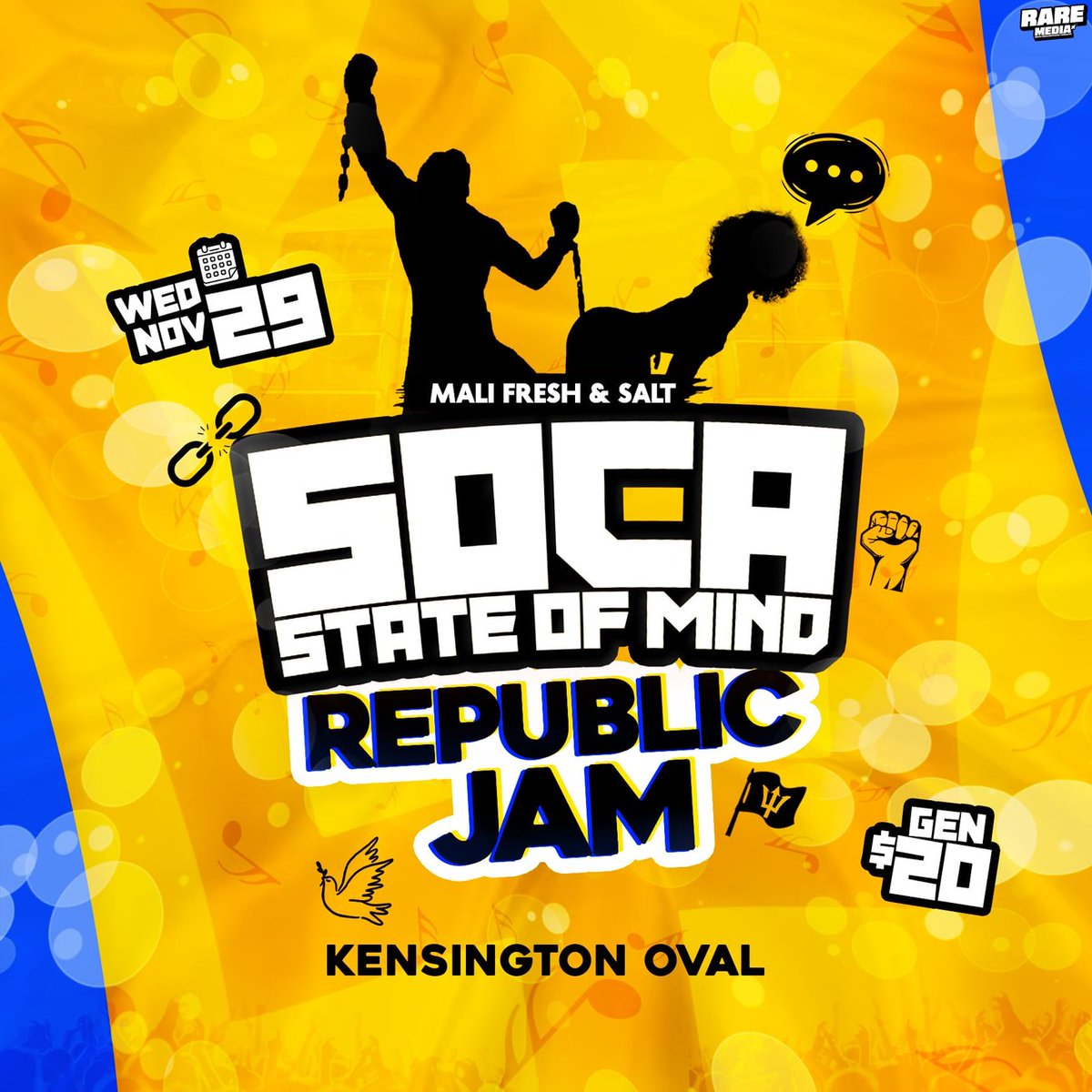 Next week Wednesday 💙💛💙. Soca Lovers only please and thanks. Don't come and souse up the party, full participation required. #ThisIsNotASpectatorSport #SSOM #RepublicJam