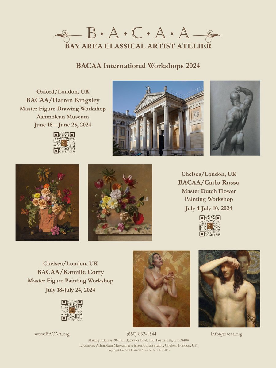 ArtRenewalCtr's tweet photo. Join Bay Area Classical Arts Atelier for these amazing workshops in the UK -Summer 2024 w/ Darren Kingsley, Carlo Russo, &amp; Kamille Corry. Scan qr codes or visit the BACAA website for more info.
https://t.co/IRdjg3J337
#bayareaclassicalartsatelier #bacaa #international #workshops https://t.co/KOEIPckJQg