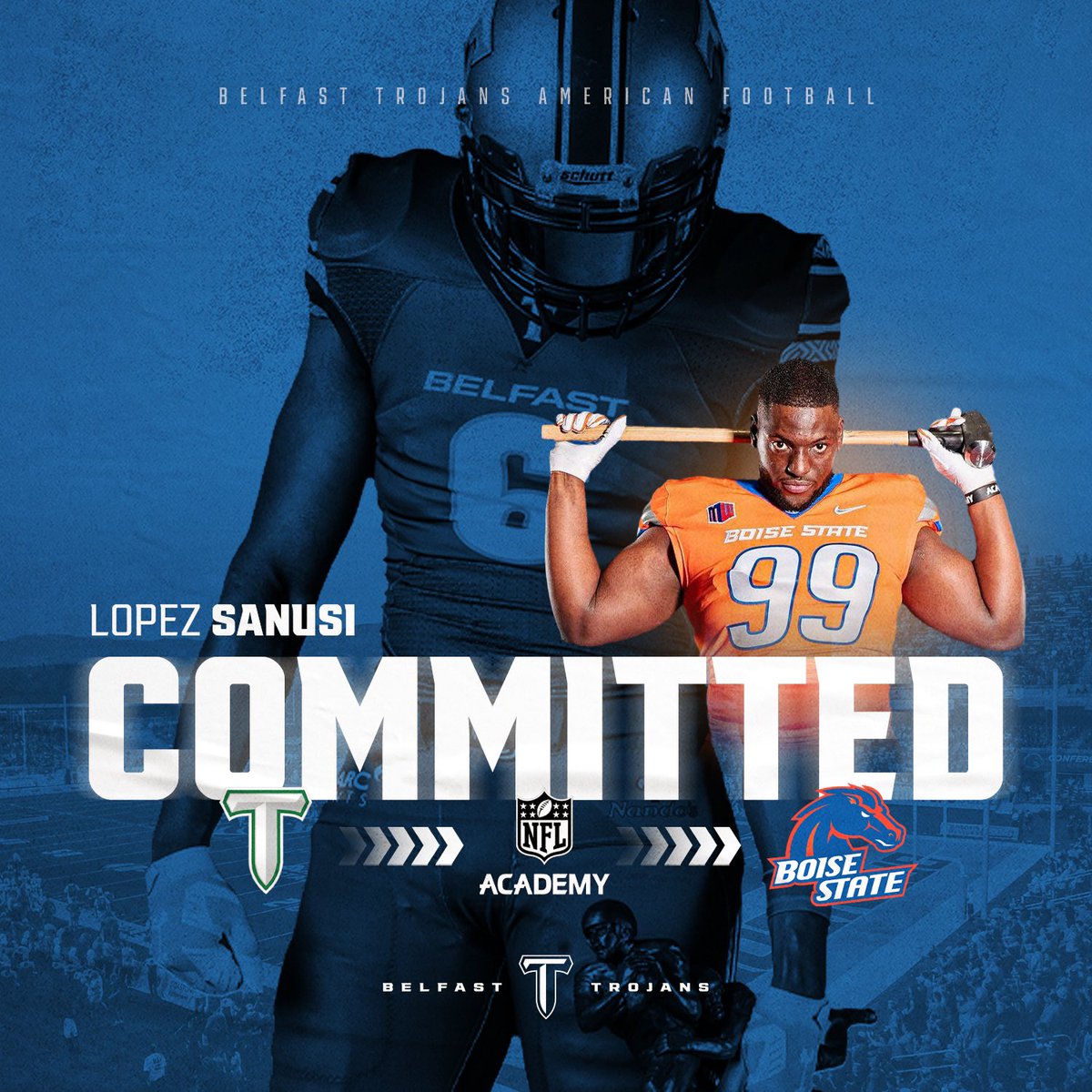 BelfastTrojans's tweet photo. 🗣️ Lopez Commits! 🚨 

We are incredibly excited and proud to share that former Belfast Trojans defensive lineman, @LopezSanusi has announced his NCAA D1 commitment! 💪 https://t.co/YFhRah5dDc