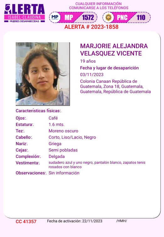 isabel_claudina's tweet photo. #AlertaIsabelClaudina
Ayúdenos a encontrar a
MARJORIE ALEJANDRA VELASQUEZ VICENTE
Desapareció el 3 de Noviembre de 2023
Cualquier información comunicarse al teléfono  1572
Gracias por difundir esta información https://t.co/ylArcxN0FG