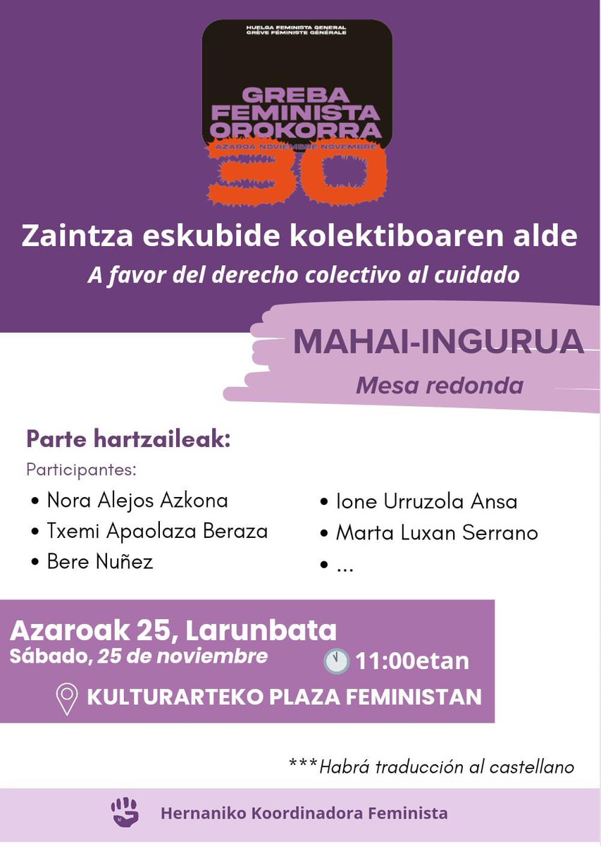 HernaniPlazaFem's tweet photo. 🔥Azaroaren 25a, indarkeria matxistaren aurkako nazioarteko eguna.
➡11:00etan azaroaren 30eko greba feministaren harira mahai-ingurua Hernaniko zenbait herritarrekin, Kulturarteko Plaza Feministan.
➡12:30ean manifestazioa Kulturarteko Plaza Feministatik. https://t.co/t0KdTdIBA1