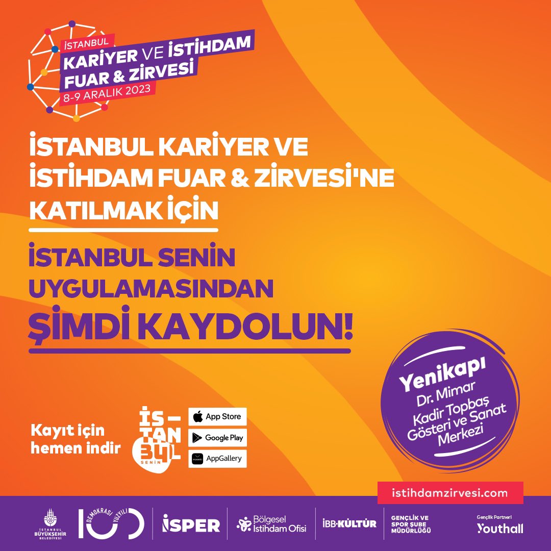 Gençler, bu zirve sizin için!

Her biri sektöründe lider 150’yi aşkın işveren markasından size özel iş ve staj fırsatları ile daha birçok avantaj 2. İstanbul Kariyer ve İstihdam Fuar &amp; Zirvesi 8-9 Aralık’ta Yenikapı’da! 

👉Ücretsiz kayıt için: m.istanbulsenin.istanbul/istihdamzirves…