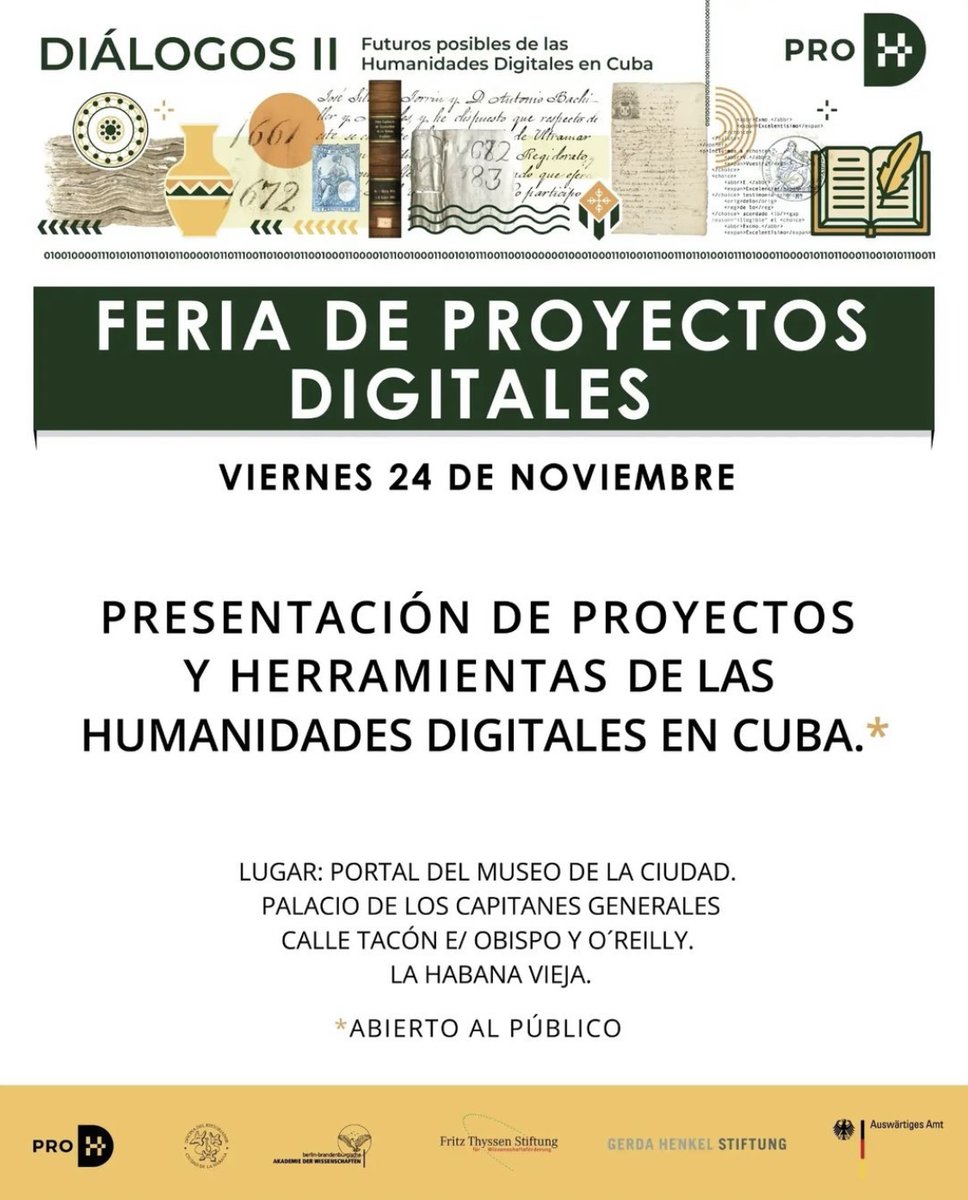 Hoy a las 14hrs nos vemos en la Feria de Proyectos Digitales, una presentación de diversos proyectos y herramientas digitales traidas por diferentes Instituciones. En el Museo de la Ciudad en la Habana vieja. 🧐🤗

#dialogosII #prohd #OHCH
