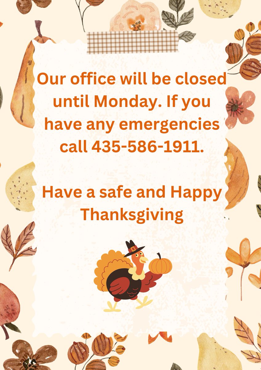 SUUPolice's tweet photo. Our office will be closed until Monday. 
Call 435-586-1911 for emergencies. 
Have a safe and Happy Thanksgiving! https://t.co/FjM0GqgTNd