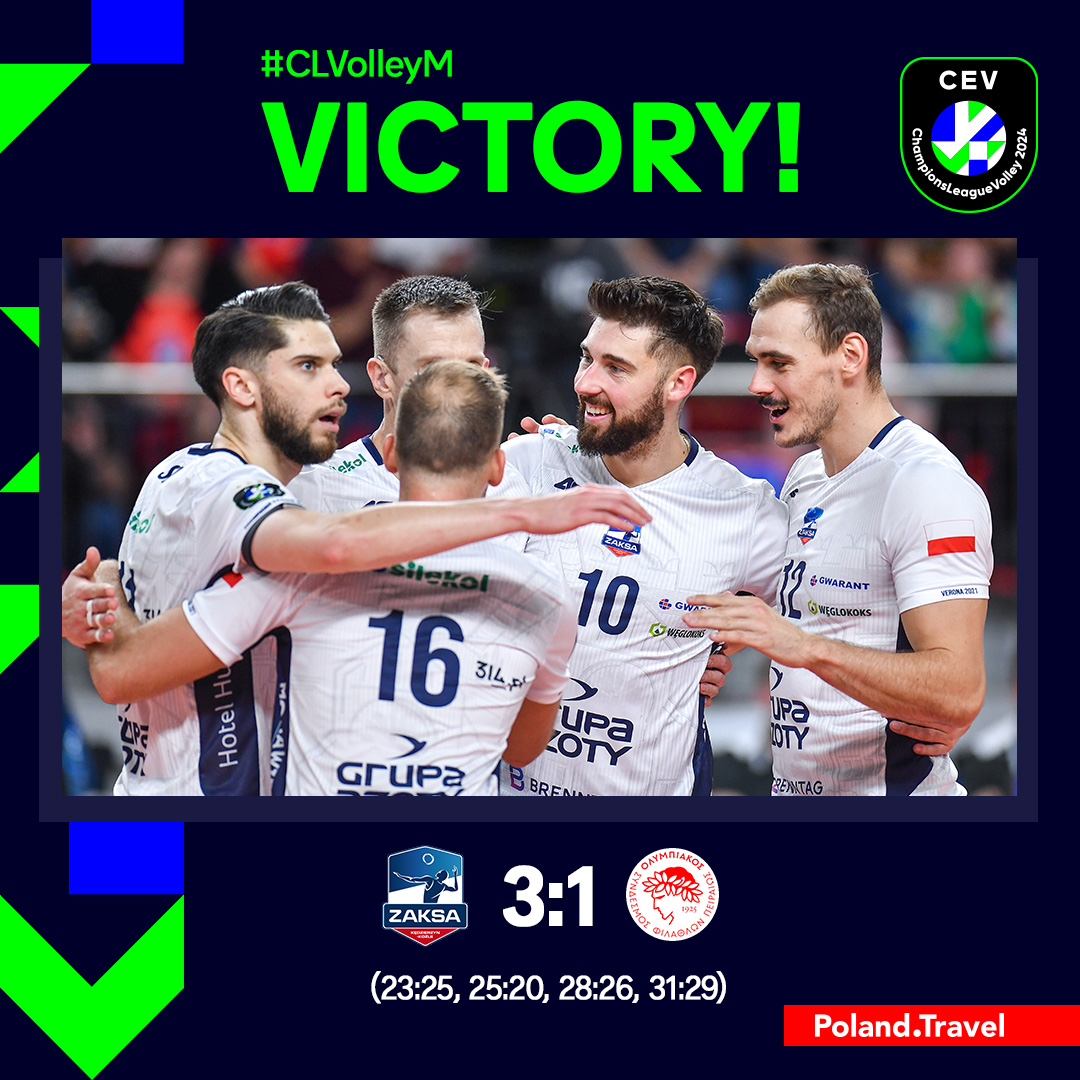 Wymarzone otwarcie sezonu Ligi Mistrzów 🔥 Cenne zwycięstwo na konto ZAKSY‼️

Grupa Azoty ZAKSA Kędzierzyn-Koźle 🇵🇱 vs Olympiacos Piraeus 🇬🇷 3:1 (23:25, 25:20, 28:26, 31:29) #CLVolleyM #MVP Łukasz Kaczmarek 👏🏆
