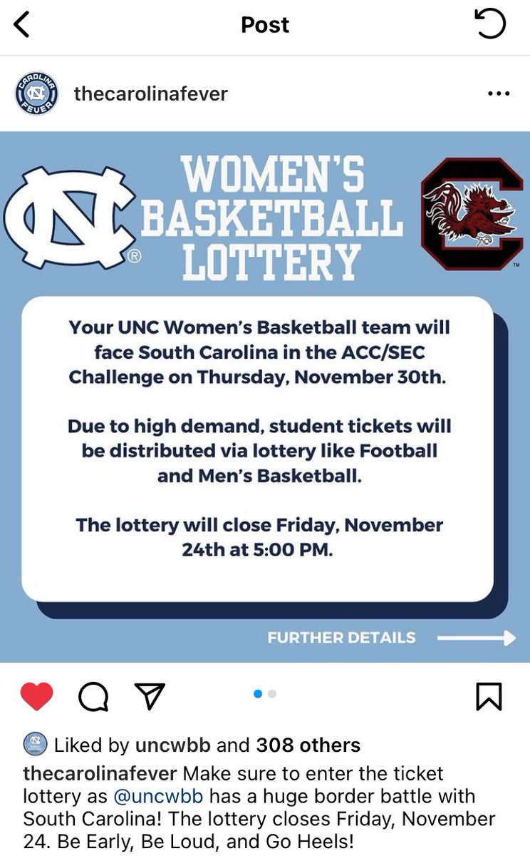 Due to high-demand, student tickets for UNC vs. South Carolina women’s basketball next week in Chapel Hill will be awarded via lottery. Might see a record-setting crowd at Carmichael for this one. #ncaaW