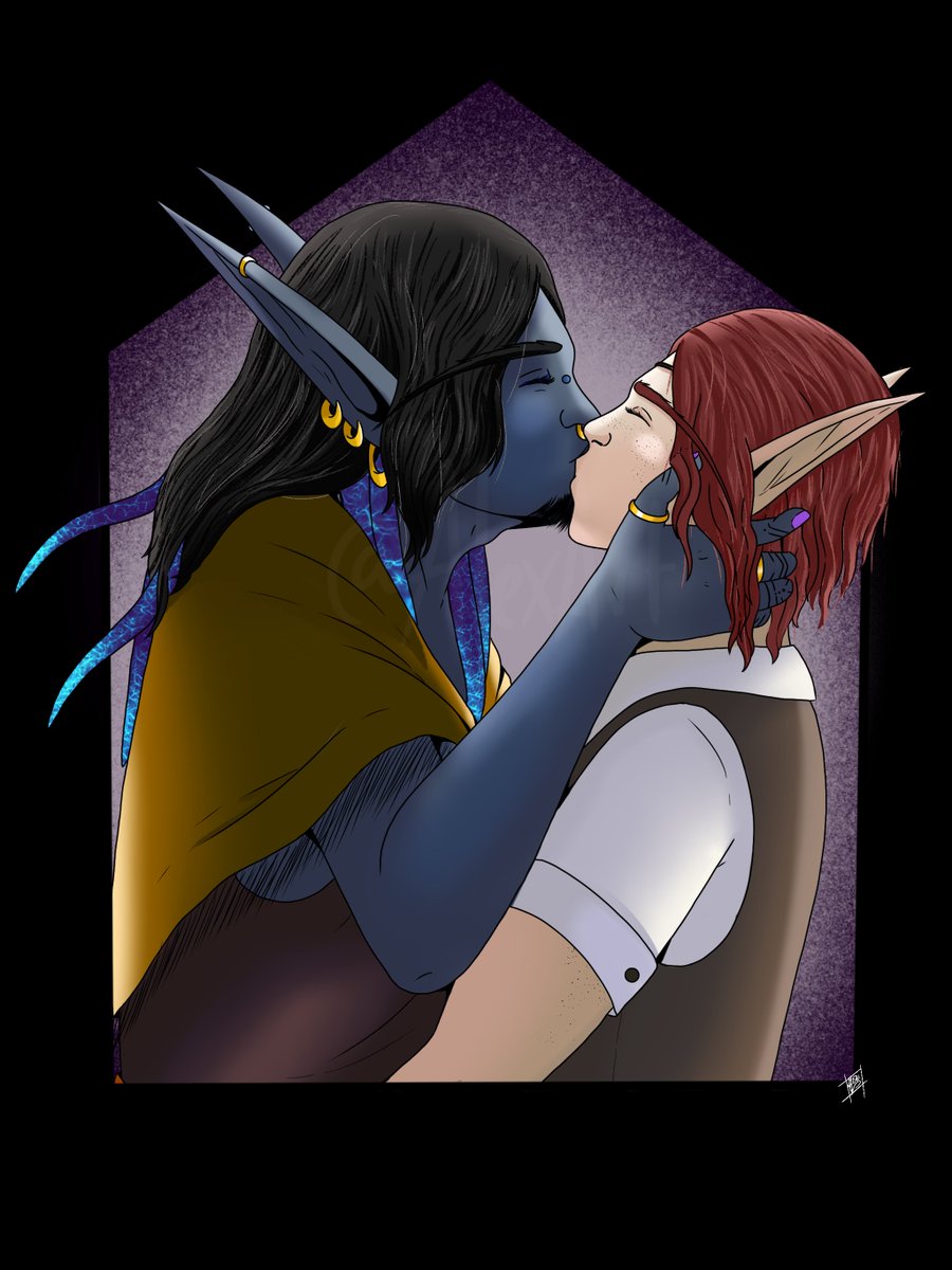 Come here, my little boy... 

#WarcraftArt #Worldofwarcraft #Warcraft #OC #Elf #Sindorei #Voidelf #Roleplay #Portait #Kiss