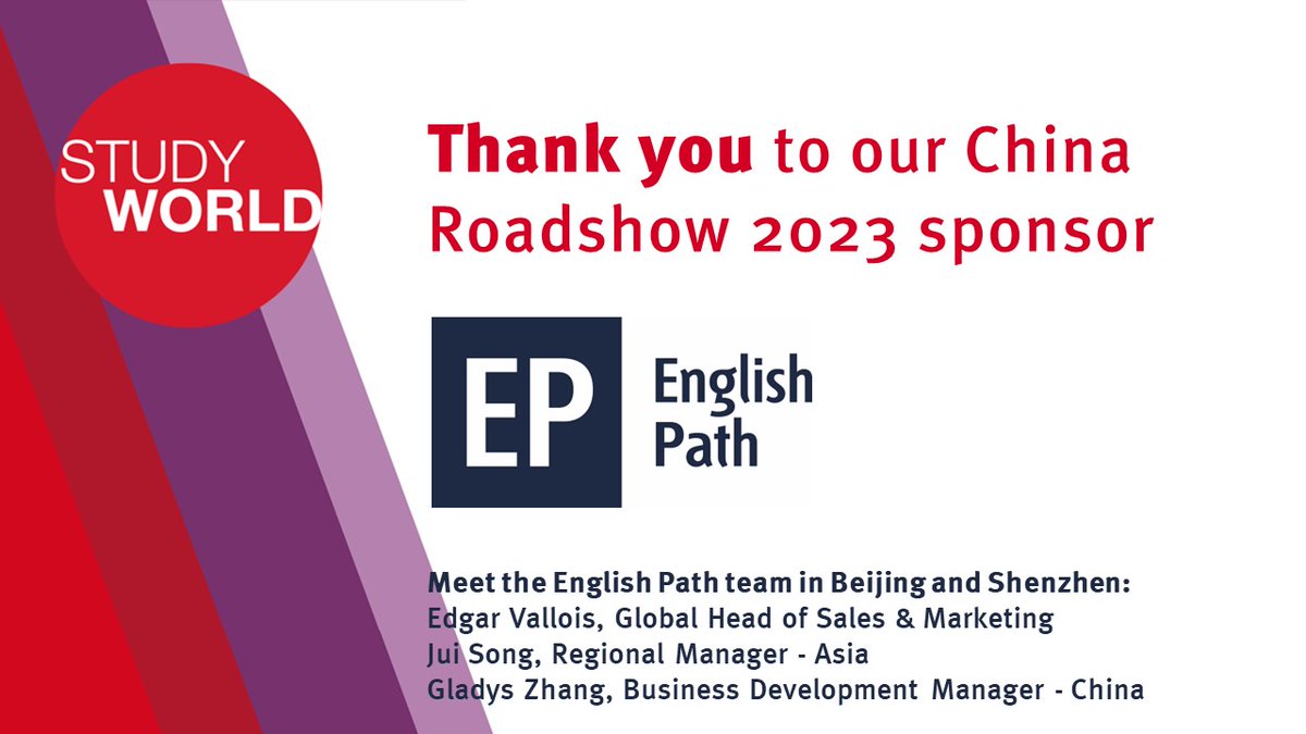 studyworldfair's tweet photo. Huge thanks to our China Roadshow 2023 sponsor @EnglishPathUK ❤️

Thanks also to @biztradegovuk and @BritishCouncil China for all their support and to the team at @BONARD_IntlEd. #StudyWorld https://t.co/3fUoDh6Zyl