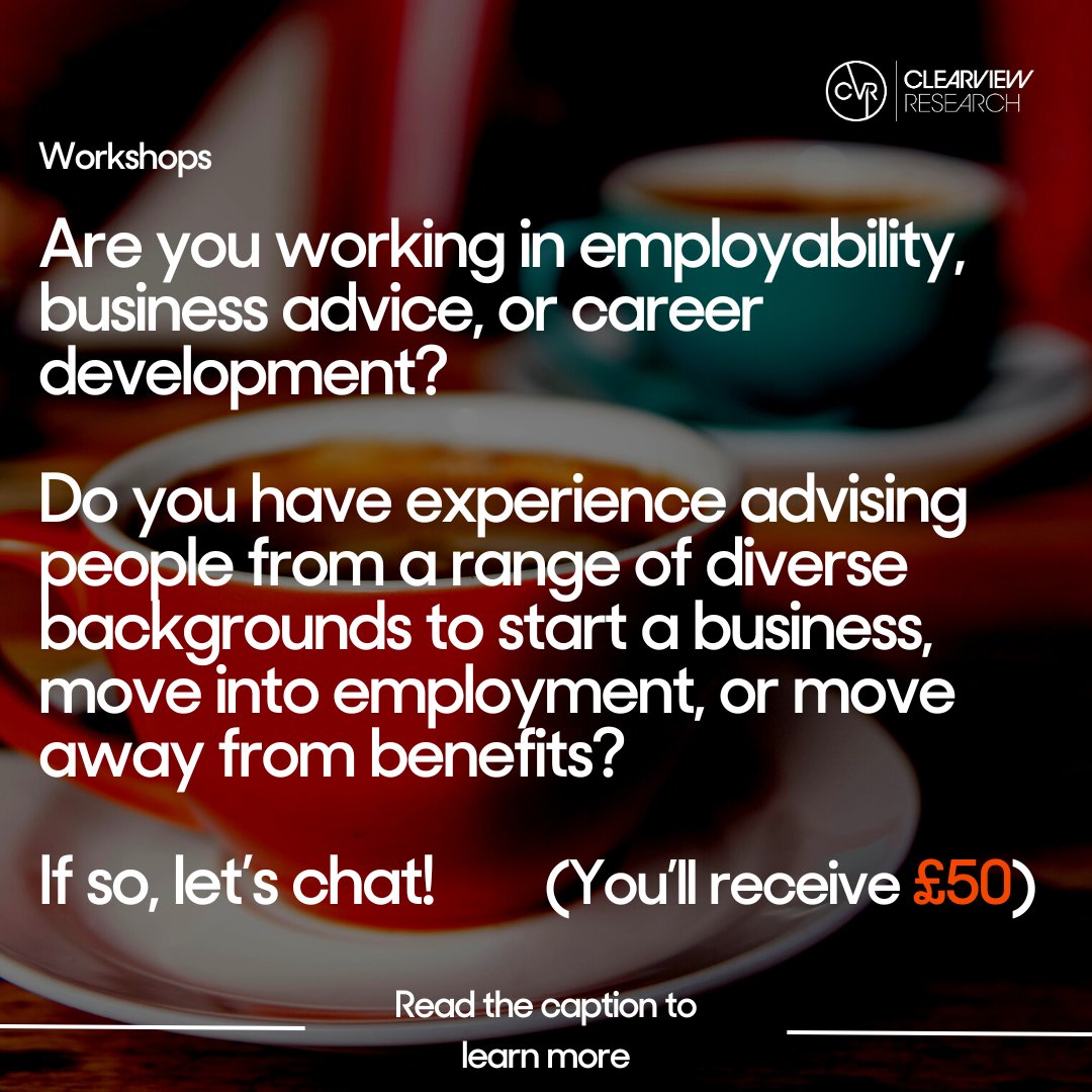 CVRInsights's tweet photo. If you work in employability, business advice or career development - we need to talk!

Share your views on health &amp; entrepreneurship &amp; ways to support people with long term health conditions to set up businesses and whilst remaining healthy.

👉🏾 bianca@clearviewresearch.co.uk https://t.co/HAyhrJ5AXA