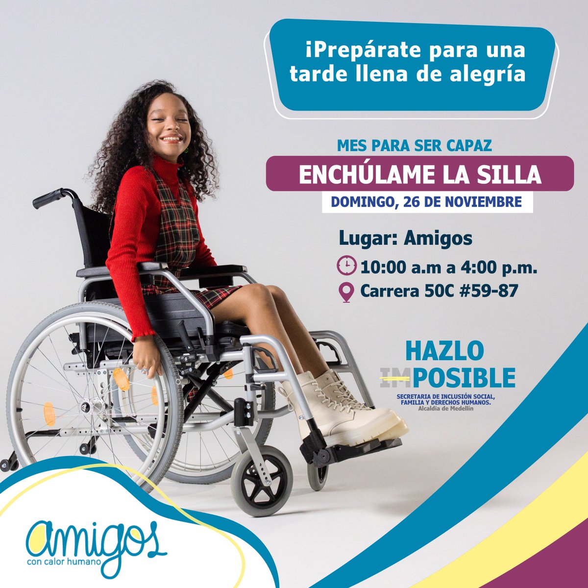 AsoAmigos's tweet photo. El próximo domingo 26 de noviembre te esperamos para compartir una tarde llena de alegrías, donde podrás hacer nuevos amigos y descubrir cómo enchular tu silla.

¡Te esperamos con los brazos abiertos!

#AmigosParaTodos #SerCapaz #Inclusion #HazloPosible https://t.co/VgTo8v1twN
