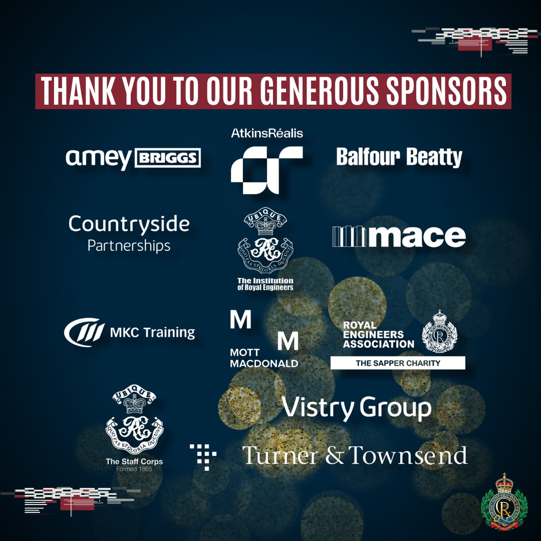 Corps of Royal Engineers (@proud_sappers) on Twitter photo We would like to thank the generous sponsors of our #awards ceremony this evening! You have all made this possible! 👏
<a href="/balfourbeatty/">Balfour Beatty</a>
<a href="/Countryside_PS/">Countryside</a>
<a href="/MaceGroup/">Mace</a>
<a href="/MKCTraining/">MKC Training</a>
<a href="/MottMacDonald/">Mott MacDonald</a>
<a href="/turnertownsend/">Turner & Townsend</a>
<a href="/Inst_RE/">Institution of Royal Engineers</a>
<a href="/ReaController/">Royal Engineers Association</a>
#SapperFamily #SapperSmart We would like to thank the generous sponsors of our #awards ceremony this evening! You have all made this possible! 👏
<a href="/balfourbeatty/">Balfour Beatty</a>
<a href="/Countryside_PS/">Countryside</a>
<a href="/MaceGroup/">Mace</a>
<a href="/MKCTraining/">MKC Training</a>
<a href="/MottMacDonald/">Mott MacDonald</a>
<a href="/turnertownsend/">Turner & Townsend</a>
<a href="/Inst_RE/">Institution of Royal Engineers</a>
<a href="/ReaController/">Royal Engineers Association</a>
#SapperFamily #SapperSmart