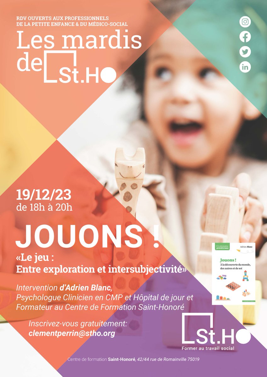 CRD_Stho's tweet photo. 📢le 19/12/23 de 18h à 20h dans le cadre des [MARDI DE #STHO] JOUONS ! Pour fêter la sortie de son ouvrage chez @EditionsInPress,  Adrien Blanc nous parlera du "#jeu, entre exploration et intersubjectivité". Inscription gratuite auprès de clementperrin@stho.org https://t.co/8vrbKbrJzo