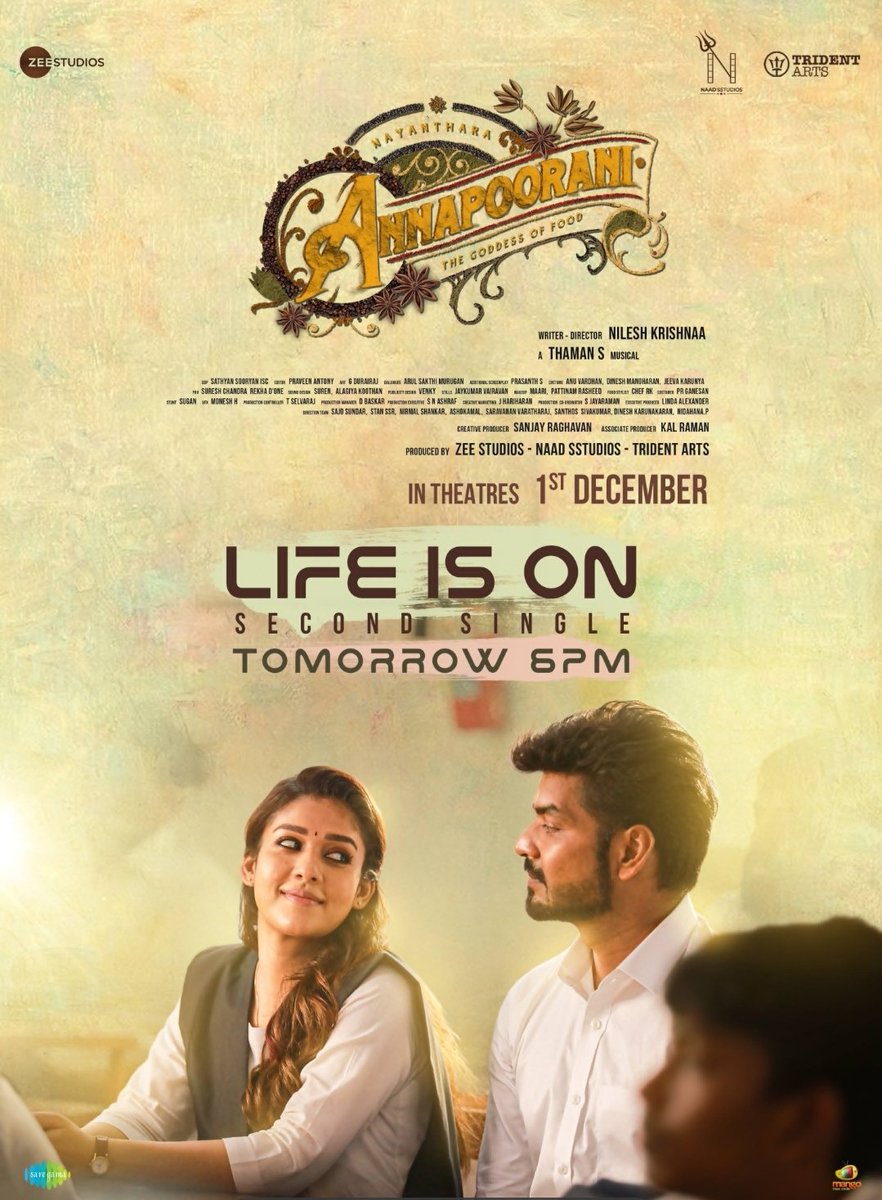 Nayan_1984's tweet photo. Single drop alert!! #LifeisOn second single from #Annapoorani - The Goddess of Food ft. #Nayanthara and Jai releasing tomorrow at 6 pm 🥳🥳 https://t.co/aTSsIouc4t