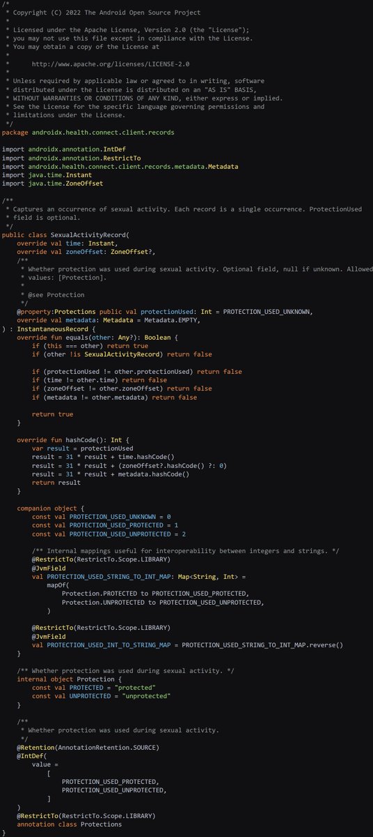 WeightsAndVotes's tweet photo. What can you find in @Android source code
Class SexualActivityRecord.kt
Looks like #Android will be used by #AugmentedReality and #VirtualReality sex toys too, lol
#wednesdaythought #coding #sex @kotlin https://t.co/5rQVbE6c3C