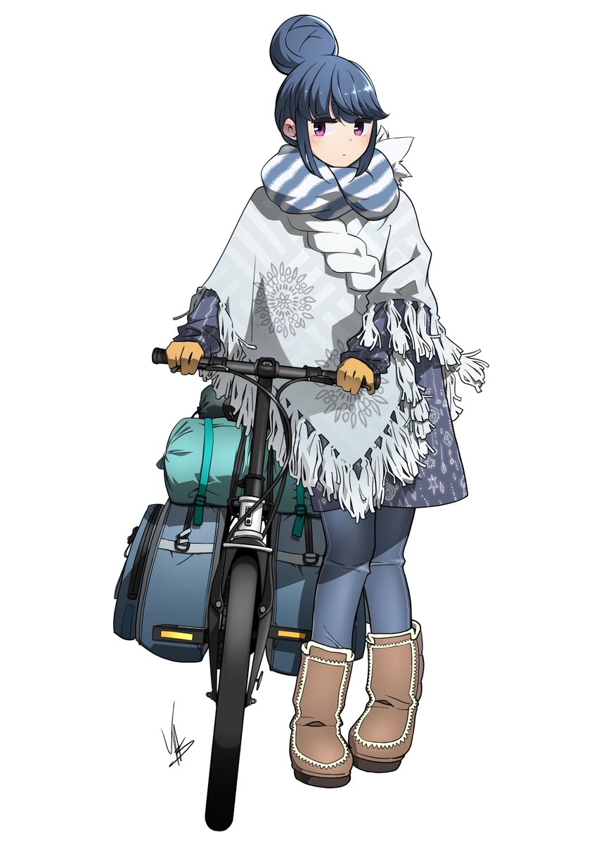 shima rin 1girl solo boots hair bun ground vehicle blue hair white background  illustration images