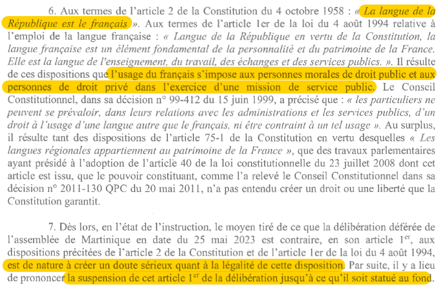 N_Hervieu's tweet photo. Langue française : En référé, la @CAABordeaux suspend la délibération de l'Assemblée de Martinique qui "reconnait la langue créole comme langue officielle de la Martinique, au même titre que le français".

En vertu de l'article 1er de la Constitution.

=> https://t.co/KYXye8dkTB https://t.co/mWfS2rZErM