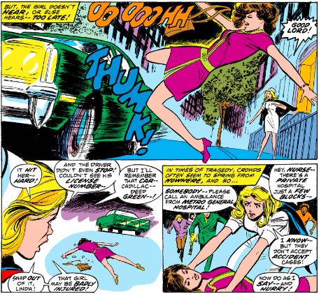 MarvelADay's tweet photo. #MarvelADay #NN2 A hit and run! THUMK! Linda doesn't catch the license plate, but she does make note that it's a deep green Cadillac. - VA https://t.co/BLgRT4mYfI