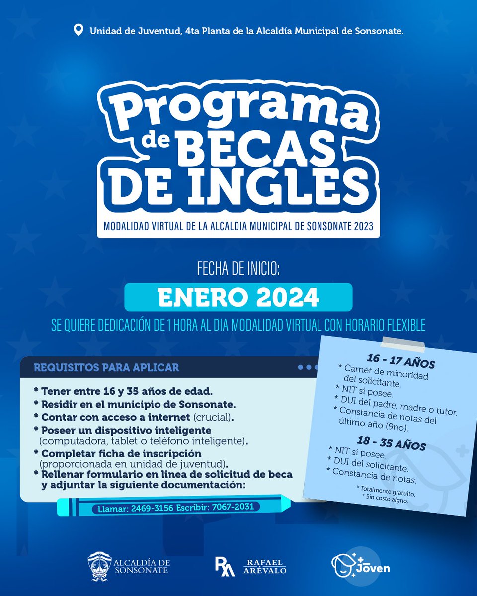 AlcaldiaSN_'s tweet photo. Como parte del #ProgramaJoven, nuestra municipalidad brindará nuevas becas de inglés en modalidad virtual.
¡Inscríbete ahora! 🤩 https://t.co/No28eu8QLs