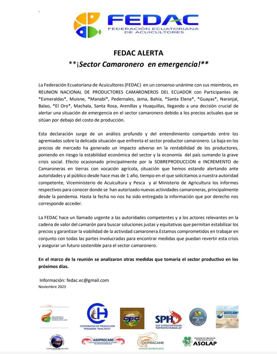 <a href="/DanielNoboaOk/">Daniel Noboa Azin</a> <a href="/Produccion_Ecu/">Ministerio de Producción</a> 
<a href="/AgriculturaEc/">Agricultura, Ganadería y Pesca Ecuador 🇪🇨</a> 
<a href="/carlosvivancol/">Carlos Vivanco L</a> <a href="/CarlosVerareal/">Carlos Vera</a> <a href="/EcuavisaInforma/">Ecuavisa Noticias</a> <a href="/teleamazonasec/">Teleamazonas</a> 
<a href="/tctelevision/">TC Televisión</a> 
<a href="/ASOCAM2/">ASOCAM</a> 
<a href="/APROCAMJK082009/">APROCAM</a> <a href="/oswincm/">Oswin Crespo Mera</a> <a href="/Danilo_Rengifo/">Danilo Rengifo</a>
<a href="/Camaroneros_Oro/">cpceo</a>  <a href="/coopsurpacifico/">Cooperativa SPH</a> <a href="/Copehual/">Cooperativa Hualtaco</a> <a href="/ASOLAP1/">ASOLAP</a> <a href="/ElssieSantos/">ELSSIE SANTOS</a> 
<a href="/alberto/">Alberto</a>