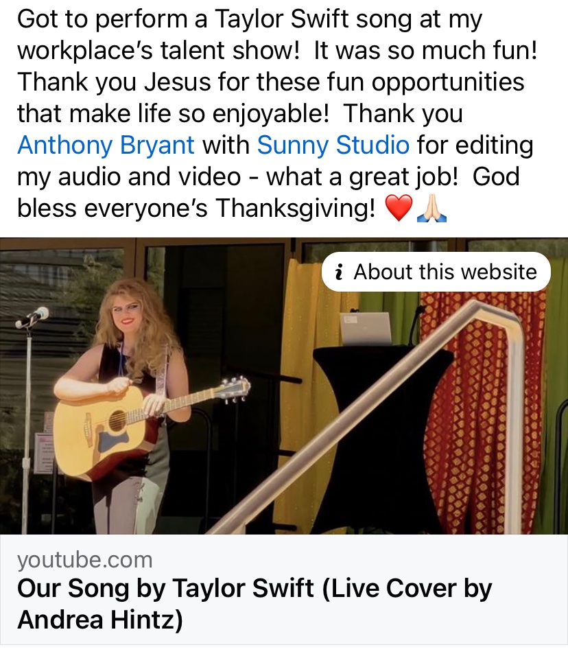 tesoroseries's tweet photo. Got to perform a Taylor Swift song at a talent show! Thank you Jesus for these fun opportunities that make life so enjoyable! Thank you Anthony Bryant with Sunny Studio for editing my audio and video - what a great job! God bless everyone’s Thanksgiving!

https://t.co/vk74cwxauy https://t.co/f5NnM1etZW