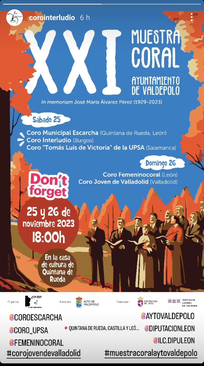 Próximo concierto en #QuintanadeRueda ( León) el 24 de noviembre en la XXI Muestra coral del Ayto de Valdepolo.