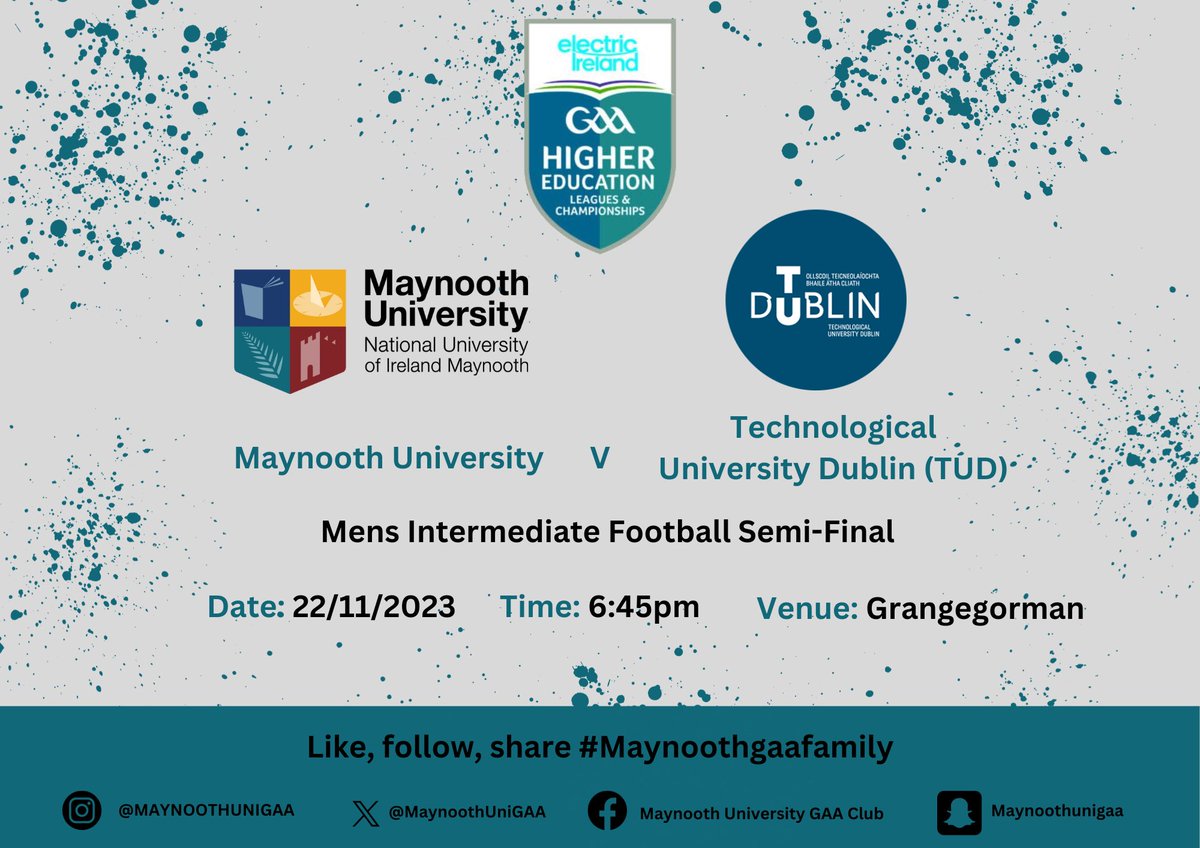 Good luck to the men’s intermediate footballers tonight in their semi final vs @TUDublinCCGAA @HigherEdGAA @MaynoothUni #mugaafamily