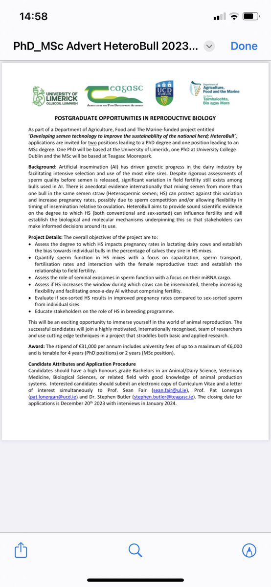 Looking to recruit two PhDs and a research masters to investigate various aspects of heterospermic bull semen fertility using applied and molecular approaches. RTs welcome

ul.ie/research/docto…