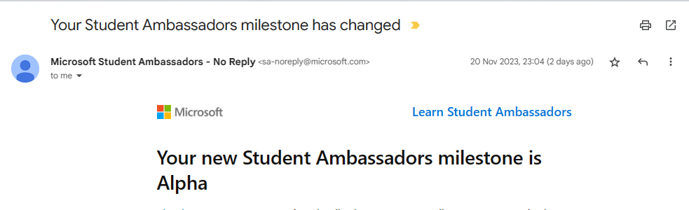 Reached the Alpha milestone in the Microsoft Student Ambassador Program! 🚀 Thrilled to be progressing on this incredible journey. Grateful for the opportunities to learn and grow in this inspiring community! 🌟 #MicrosoftAmbassador #AlphaMilestone #LearningAndGrowing