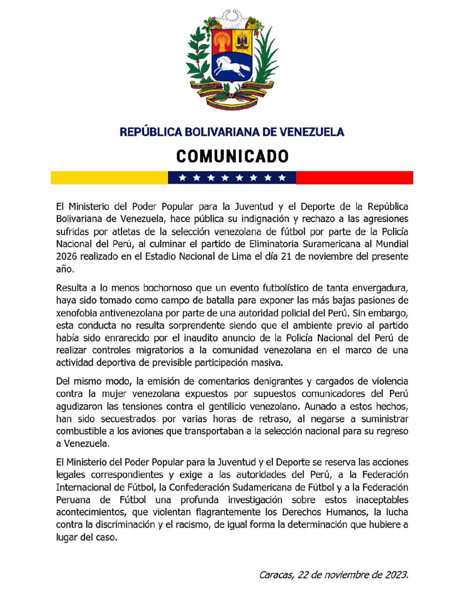 MervinMaldonad0's tweet photo. ¡Venezuela se respeta! 🇻🇪

Comunicado oficial de repudio a las agresiones de las que fueron víctimas nuestros atletas de la selección nacional de fútbol y fanaticada, en el marco del partido de eliminatorias al mundial 2026 frente a Perú en el estadio nacional de Lima https://t.co/lcFkdDROBd