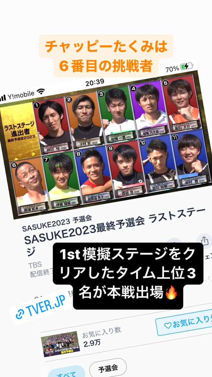ChappiTakumi's tweet photo. 🔥予選会ラストステージ🔥
見て頂いた方ありがとうございました🙇‍♂️
去年の雪辱を晴らして壁を登り！2位通過で本戦出場を決めました😭
応援して下さった方、サポートして下さった方、SASUKEスタッフの方々、本当にありがとうございました‼️
#SASUKE2023
#佐藤楓
#チャッピーたくみ
#チャッピーモンスター https://t.co/zolnjYk5xB