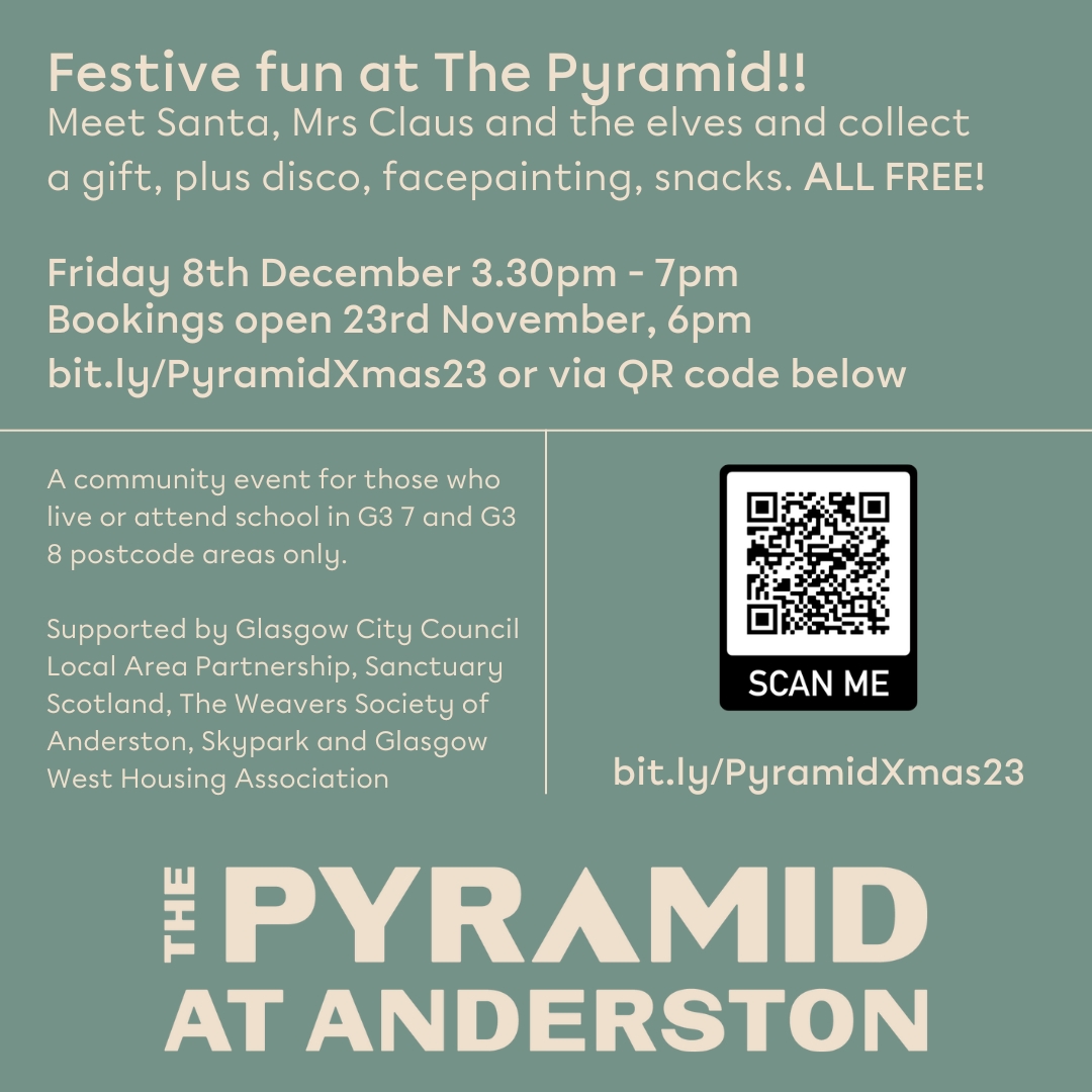 🎄Anderston Loves Christmas🎄

We're back again on Friday the 8th of December for more festive fun at the Pyramid!

Meet Santa, Mrs Claus and the elves.  With other fun activities and snacks all for FREE!  The event starts at 3:30pm until 7pm, bookings open TONIGHT at 6pm.