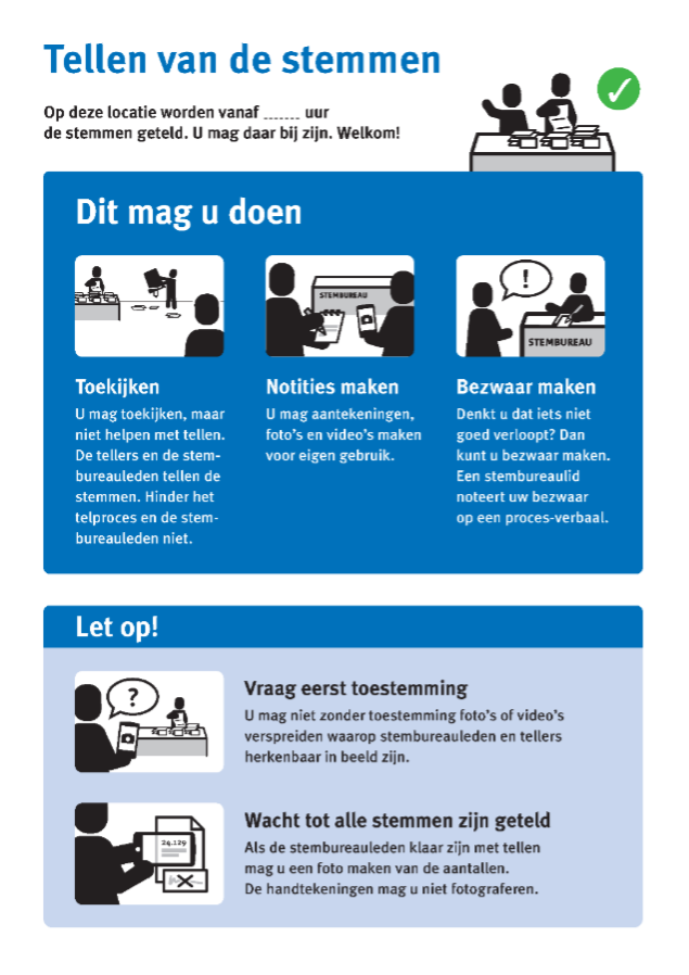 Kiesraad's tweet photo. Zodra de stembussen gesloten zijn, starten de stembureauleden met het tellen van de stemmen. Dit gebeurt in het openbaar en u mag daarbij aanwezig zijn. U mag het telproces niet verstoren, dus er gelden enkele regels 👇 https://t.co/b9odSFxphZ