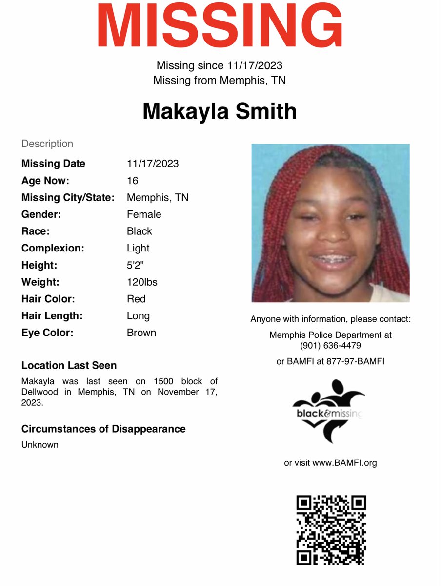 #Memphis, #Tennessee: 16y/o Makayla Smith was last seen in the 1500 block of Dellwood Street in Memphis on November 17.

Have you seen her?

#HelpUsFindMakaylaSmith. #MakaylaSmith