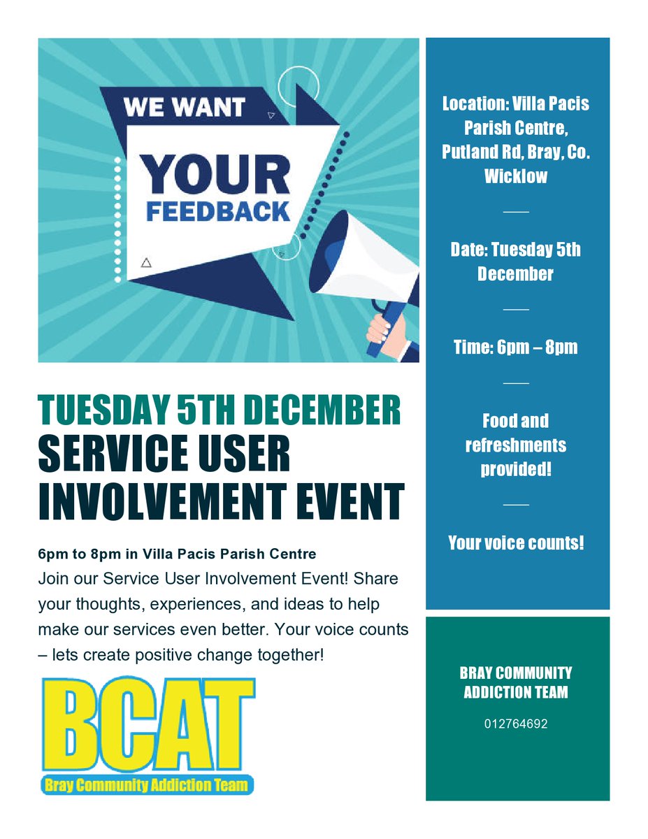 AddictionBray's tweet photo. We are holding two events in December as part of a "your service your say" initiative. We will meet on December 4th with past and present family support service users and on December 5th with all other service users. RSVP with Sinead on 01-2764692 https://t.co/BeVGSc6cTW